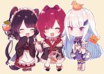  3girls ange_katrina animal_ears armband bangs bird black_coat black_hair blue_hair blunt_bangs blush boots brown_footwear chibi closed_eyes closed_mouth commentary cross-laced_footwear crown cup dog_ears dog_girl dog_hair_ornament drinking_glass fangs frilled_sleeves frills hair_intakes highres inui_toko jacket japanese_clothes kimono lace-up_boots lize_helesta long_hair long_sleeves monocle multiple_girls nijisanji on_head purple_eyes red_hair red_jacket round_teeth safety_pin shirt short_hair sidelocks simple_background smile teeth thighs very_long_hair virtual_youtuber wa_maid white_footwear white_hair white_shirt wide_sleeves y_o_u_k_a yellow_background 