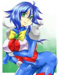  1girl allenby_beardsley ass blue_bodysuit blue_hair bodysuit breasts closed_mouth commentary_request g_gundam gloves green_eyes gundam hcsb mobile_trace_suit multicolored multicolored_bodysuit multicolored_clothes pilot_suit short_hair skin_tight smile solo 