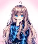  1girl :3 ahoge bangs belt belt_buckle blue_eyes blue_shirt blush brown_hair buckle checkered checkered_shirt gradient gradient_background hand_up highres holding holding_hair long_hair long_sleeves looking_at_viewer original sasucchi95 shirt sidelocks smile solo upper_body watermark 