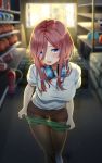  1girl absurdres ass_visible_through_thighs ball bangs basketball blue_eyes blush breasts brown_hair brown_jacket commentary_request covered_nipples day eyebrows_visible_through_hair fire_extinguisher football go-toubun_no_hanayome green_shorts gym_storeroom gym_uniform hair_between_eyes headphones headphones_around_neck highres indoors jacket kongbai large_breasts lips long_hair looking_at_viewer nakano_miku no_panties open_mouth pantyhose shirt short_sleeves shorts shorts_pull soccer_ball solo standing thighband_pantyhose white_shirt 