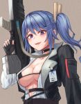  1girl :d absurdres bikini_top black_bikini_top black_choker black_gloves blue_hair breasts choker cleavage collarbone daewoo_k11 eyebrows_visible_through_hair fingerless_gloves furrowed_eyebrows girls_frontline gloves gun highres holding holding_gun holding_weapon k11_(girls_frontline) long_hair long_sleeves medium_breasts micro_bikini_top midriff moppo open_clothes open_mouth open_shirt purple_eyes shirt side_ponytail smile solo trigger_discipline underboob weapon white_shirt 