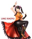  1girl arm_up armpits black_eyes black_gloves black_hair black_legwear breasts character_name china_dress chinese_clothes commentary_request covered_nipples dress elbow_gloves feather_trim fighting_stance fingerless_gloves flats gloves hair_ornament hair_scrunchie highres large_breasts leg_lift ling_xiaoyu nyatokanyaru open_mouth orange_dress orange_footwear pantyhose scrunchie shiny_legwear single_elbow_glove single_fingerless_glove sleeveless sleeveless_dress solo taut_clothes taut_dress tekken tekken_7 thick_thighs thighs twintails wristband 