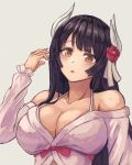  1girl :o azur_lane bangs bare_shoulders black_hair breasts cleavage eyebrows_visible_through_hair flower hair_flower hair_ornament hand_up hiei_(azur_lane) horns large_breasts long_hair long_sleeves looking_at_viewer moppo open_mouth orange_eyes pink_flower solo straight_hair white_horns 