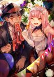  1girl 2boys ;o alcohol anniversary black_headwear black_neckwear black_suit blue_hair breasts brown_legwear champagne champagne_flute cigar cleavage cu_chulainn_alter_(fate/grand_order) cup drinking_glass earrings eating elbow_gloves facial_mark fate/grand_order fate_(series) fedora fionn_mac_cumhaill_(fate/grand_order) fishnet_legwear fishnets flower food formal gloves hair_over_shoulder hat highres holding holding_cup jewelry lancer long_hair looking_at_viewer meat medb_(fate)_(all) medb_(fate/grand_order) medium_breasts motoaki multiple_boys necktie one_eye_closed open_mouth pantyhose pink_hair ponytail red_eyes red_neckwear suit tattoo teeth white_gloves yellow_eyes 