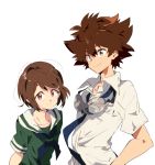 1boy 1girl brown_eyes brown_hair chokota closed_mouth commentary_request digimon digimon_adventure digimon_adventure_tri. hair_ornament hairclip looking_at_viewer school_uniform short_hair simple_background skirt smile white_background yagami_hikari yagami_taichi 