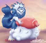  2019 4_toes 5_fingers abs anthro balls biceps big_balls blue_fur blue_hair blue_skin canid canine canis capcom claws cock_vore cum cum_drip cum_on_ground darkstalkers digitigrade dripping fur gloves_(marking) hair huge_balls hungothenomster hyper hyper_balls hyper_penis inside_balls jon_talbain male mammal mane markings multicolored_fur multicolored_hair multicolored_skin muscular muscular_male muscular_thighs nipples pecs penile penis post_vore precum simple_background smile socks_(marking) solo standing thick_penis toes two_tone_fur two_tone_hair two_tone_skin video_games vore were werecanid werecanine werewolf white_fur white_hair white_skin wolf 