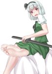  1989064 1girl absurdres bare_legs barefoot blush cookie_(touhou) crying crying_with_eyes_open cum cum_on_body cum_on_lower_body eska_(cookie) eyebrows_visible_through_hair feet hair_ornament hair_ribbon hairband highres katana konpaku_youmu looking_at_viewer open_mouth pov_feet red_eyes ribbon short_hair silver_hair soles sword tears toes touhou weapon 