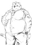  2019 anthro belly clothed clothing eyewear felid glasses hi_res humanoid_hands male mammal moobs nipples okoge_16 open_shirt overweight overweight_male pantherine pants shirt simple_background solo tiger topwear white_background 