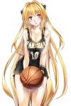  1girl alternate_costume ball bare_shoulders basketball basketball_uniform blonde_hair blush breasts character_name cleavage cowboy_shot hair_ornament highres holding holding_ball imo_(evekelu-111) konjiki_no_yami long_hair looking_at_viewer medium_breasts numbered red_eyes simple_background solo sportswear sweat to_love-ru very_long_hair white_background 