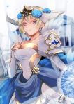  1girl bare_shoulders blonde_hair blue_eyes blue_flower blue_hair breasts bridal_veil crown dated detached_sleeves dress earrings feather_trim fire_emblem fire_emblem_heroes fjorm_(fire_emblem_heroes) flower gradient_hair hair_flower hair_ornament jewelry kero_sweet looking_at_viewer medium_breasts multicolored_hair short_hair signature smile solo strapless strapless_dress veil wedding_dress white_dress wind 
