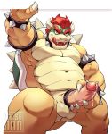  anthro balls belly bowser bracelet catsudon cock_ring digital_media_(artwork) erection fangs hair horn humanoid_penis jewelry koopa looking_at_viewer male mario_bros masturbation nintendo nude penile penile_masturbation penis precum presenting presenting_penis red_hair scalie simple_background slightly_chubby smile solo spiked_bracelet spikes uncut vein video_games watermark 