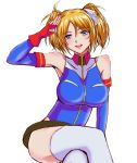  1girl belt blonde_hair blue_eyes blue_leotard blush breasts commentary_request fingerless_gloves gloves gundam gundam_card_builder highleg highleg_leotard large_breasts leotard looking_at_viewer open_mouth reiko_holinger shiromegane short_hair short_twintails simple_background smile solo thighhighs twintails white_background white_legwear 