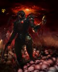  1boy absurdres armor armored_boots black_gloves blood bodysuit boots breastplate demon doom_(2016) doom_(game) doomguy gauntlets gloves gun hell helmet highres holding holding_arm holding_gun holding_weapon huge_filesize male_focus marth marthhh pauldrons power_armor shotgun shoulder_armor skull solo space_marine tagme weapon 