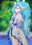  1girl blue_earrings blue_eyes blue_hair blurry blurry_background brooch closed_mouth cure_ange earrings heart hugtto!_precure jewelry long_hair magical_girl negom ponytail precure smile solo standing tiara wrist_cuffs yakushiji_saaya 