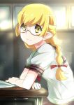  1girl blonde_hair braid desk gesugesu_ahoaho glasses indoors long_hair monogatari_(series) oshino_shinobu pointy_ears ponytail school_uniform sunlight window yellow_eyes 