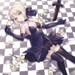  1girl absurdres artoria_pendragon_(all) black_bow black_gloves black_legwear black_skirt bow braided_bun breasts checkered checkered_floor choker cleavage collarbone elbow_gloves fate/stay_night fate_(series) formal gloves hair_between_eyes hair_bow hair_intakes highres lying miniskirt on_back parted_lips pleated_skirt saber_alter sarablanche shiny shiny_clothes short_hair silver_hair skirt skirt_suit sleeveless small_breasts solo suit thighhighs yellow_eyes zettai_ryouiki 