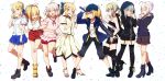  6+girls :d :o ^_^ absurdres ahoge artoria_pendragon_(all) black_footwear black_hoodie black_shorts blonde_hair blue_jacket blue_ribbon blue_skirt boots bow braid casual character_request closed_eyes commentary_request confetti crown_braid eating eyebrows_visible_through_hair fate_(series) food frilled_sleeves frills garter_straps glasses green_eyes hair_ribbon hat high_heel_boots high_heels highres hood hood_down hood_up hooded_jacket hoodie huge_filesize jacket kawaruhi locked_arms multiple_girls multiple_persona mysterious_heroine_x nero_claudius_(fate) nero_claudius_(fate)_(all) okita_souji_(fate) okita_souji_(fate)_(all) open_mouth pleated_skirt ponytail red_shorts ribbon saber saber_alter shirt short_sleeves shorts silver_hair simple_background skirt smile suspender_shorts suspenders sword taiyaki thigh_boots thighhighs wagashi weapon white_background white_shirt yellow_bow 