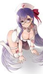  1girl all_fours ass bangs bb_(fate)_(all) bb_(fate/extra_ccc) bb_shot! blush boots breasts choker cleavage closed_mouth dress fate/extra fate/extra_ccc fate/grand_order fate_(series) glasses hair_between_eyes hair_ribbon hat hijiri_ruka large_breasts leaning_forward long_hair looking_at_viewer nurse nurse_cap purple_eyes purple_hair red_ribbon ribbon short_dress simple_background smile solo thigh_boots thighhighs very_long_hair white_background white_dress white_footwear wrist_cuffs 
