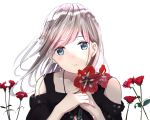  1girl bangs black_dress blue_eyes collarbone commentary dress eyebrows_visible_through_hair flower green_hair light_particles long_hair looking_at_viewer original parted_lips portrait red_flower schreibe_shura simple_background solo white_background 