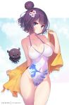  1girl 1other alternate_costume artist_name ass_visible_through_thighs bangs bare_shoulders blanket blue_sky blush breasts closed_mouth cloud collarbone commentary_request covered_navel eyebrows_visible_through_hair fate/grand_order fate_(series) flower hair_between_eyes hair_bun hair_flower hair_ornament hairpin halterneck holding hong_(white_spider) katsushika_hokusai_(fate/grand_order) large_breasts looking_at_viewer octopus one-piece_swimsuit purple_eyes purple_hair see-through_silhouette short_hair sky standing swimsuit tokitarou_(fate/grand_order) water_drop wave_print wet 