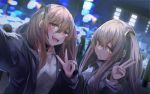  2girls alternate_costume brown_hair city_lights cityscape crowd fang girls_frontline hair_ribbon highres looking_at_viewer miyabino_(miyabi1616) multiple_girls ribbon scar scar_across_eye siblings side_ponytail sisters twins twintails ump45_(girls_frontline) ump9_(girls_frontline) v 