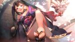  1girl bangs bare_shoulders barefoot_sandals black_hair blurry blurry_background crossed_legs detached_collar detached_sleeves dragon dragon_horns fangs feet highres horns japanese_clothes kamisakai kimono obi open_mouth original pointy_ears purple_eyes sash sitting slit_pupils solo strapless twintails 