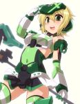  1girl akatsuki_kirika armor bare_shoulders blonde_hair blush breasts cosplay covered_navel elbow_gloves frame_arms_girl gloves gourai gourai_(cosplay) green_eyes hair_ornament headgear highres looking_at_viewer mecha_musume medium_breasts open_mouth panties scythe senki_zesshou_symphogear shiny shiny_clothes shiny_hair shiny_skin short_hair simple_background skirt solo standing striped striped_legwear striped_panties teeth thighhighs underwear white_background yoshi_tama 