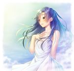  1girl aqua_hair bare_arms bare_shoulders blue_hair blush breasts brown_eyes character_request cloud collarbone commentary_request day dress idolmaster idolmaster_million_live! long_hair nanaran outdoors small_breasts solo standing upper_body white_dress 