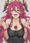  1girl :d apron blush breasts brown_eyes chocolate chocolate_heart cleavage dragalia_lost fangs grey_background hair_between_eyes haoni heart highres horns large_breasts long_hair looking_at_viewer mym_(dragalia_lost) naked_apron open_mouth pink_hair simple_background skin_fangs smile solo v-shaped_eyebrows 