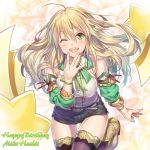  1girl ahoge bare_shoulders black_legwear black_shorts blonde_hair breasts character_name commentary_request green_eyes happy_birthday hoshii_miki idolmaster idolmaster_million_live! large_breasts long_hair looking_at_viewer nanaran one_eye_closed open_mouth purple_legwear shirt short_shorts shorts smile solo thighhighs upper_teeth white_shirt 