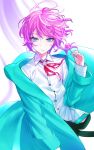  1boy ahoge amemura_ramuda bangs blue_eyes blue_jacket buttons candy closed_mouth commentary food hair_between_eyes highres hypnosis_mic jacket lollipop long_sleeves male_focus maruchi neck_ribbon pink_hair red_ribbon ribbon shirt simple_background solo symbol_commentary upper_body white_shirt 