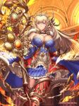  1girl black_gloves blonde_hair blue_cape blue_eyes breasts cape cleavage company_name crown dragon_tactics fantasy flower fur_trim gloves hair_flower hair_ornament highres hm_(tolosalmon) indoors large_breasts looking_at_viewer official_art red_legwear skirt smile solo standing 