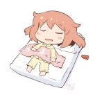  1girl alternate_costume anchor_symbol barefoot blush_stickers brown_hair closed_eyes fang full_body futon hairclip_removed hanomido ikazuchi_(kantai_collection) kantai_collection lying on_back open_mouth pajamas short_hair simple_background sleeping solo white_background 