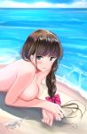  1girl bangs beach blue_eyes blue_sky blush bow braid breasts brown_hair cloud day eyebrows_visible_through_hair hair_bow large_breasts long_hair looking_at_viewer lying ocean on_stomach original outdoors pink_bow sand schreibe_shura side_braid sidelocks sky solo wet 