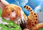  2girls absurdres animal_ear_fluff animal_ears bangs belt black_gloves blonde_hair blue_sky blush cloud commentary_request day drawing elbow_gloves eyebrows_visible_through_hair gloves grass hair_between_eyes high-waist_skirt highres holding_hands interlocked_fingers kemono_friends looking_at_viewer lucky_beast_(kemono_friends) lying medium_hair modoi_(star) multiple_girls on_ground on_side orange_eyes outdoors paper_airplane pov pov_hands print_gloves print_legwear print_skirt serval_(kemono_friends) serval_ears serval_print serval_tail shirt skirt sky sleeveless sleeveless_shirt smile solo_focus tail thighhighs white_shirt 