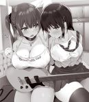  2girls arm_behind_head armpits breast_rest breasts choker cleavage collared_shirt commentary_request cross_choker electric_guitar greyscale guitar hair_ornament hairclip heavy_breathing instrument lactation lactation_through_clothes large_breasts long_hair loose_necktie monochrome multiple_girls nail_polish necktie nipples noripachi open_mouth original pleated_skirt see-through shirt shirt_tucked_in side-by-side sitting skirt striped striped_neckwear sweat tank_top thighhighs twintails 