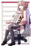  1girl absurdres asymmetrical_legwear chair commentary_request covering covering_breasts fingerless_gloves girls_frontline gloves hachirodesu highres holding long_hair looking_at_viewer office_chair open_clothes panties pink_hair purple_eyes shadow side_ponytail sitting socks st_ar-15_(girls_frontline) thigh_strap thighhighs underwear washboard 