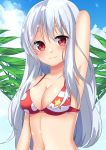  1girl arm_up armpits bangs bare_shoulders bikini blue_sky blush breasts cleavage closed_mouth cloud cloudy_sky collarbone commentary_request day eyebrows_visible_through_hair hair_between_eyes long_hair looking_at_viewer medium_breasts misaki_(misaki86) navel original outdoors red_bikini red_eyes silver_hair sky smile solo swimsuit upper_body very_long_hair 