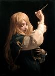  1girl baton_(instrument) blonde_hair capelet closed_eyes dark eyelashes hand_on_own_chest hand_up highres imai_takahiro light_smile lips long_hair oil_painting_(medium) original signature solo texture traditional_media upper_body 