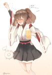  1girl 1other alcohol beer beer_mug black_hakama brown_hair closed_eyes commentary_request cowboy_shot drunk enemy_lifebuoy_(kantai_collection) hair_ribbon hakama ise_(kantai_collection) japanese_clothes kantai_collection nontraditional_miko ponytail raised_fist remodel_(kantai_collection) ribbon short_hair smile twitter_username undershirt wide_sleeves yuzu_(kimagure_kankitsurui) 