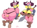  all_fours anthro big_breasts big_butt boots breasts butt cleavage clothed clothing collar dragon dragoness_(vimhomeless) footwear loincloth looking_at_viewer looking_back melee_weapon simple_background sword vimhomeless weapon white_background 