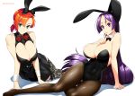  2girls animal_ears boudica_(fate/grand_order) bow bowtie breasts bunny_ears bunnysuit cleavage cleavage_cutout commentary_request detached_collar fake_animal_ears fate/grand_order fate_(series) finger_to_mouth fishnet_legwear fishnets floral_print green_eyes hair_bow highres large_breasts long_hair looking_at_viewer mattari_yufi minamoto_no_raikou_(fate/grand_order) multiple_girls open_mouth pantyhose purple_eyes purple_hair red_hair shadow short_hair short_ponytail sitting smile thighhighs twitter_username 