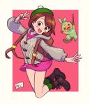  1girl backpack bag blush bob_cut boots brown_backpack brown_eyes brown_footwear brown_hair chichibu_(chichichibu) dress female_protagonist_(pokemon_swsh) full_body gen_8_pokemon green_headwear green_legwear grey_cardigan grookey hat holding holding_poke_ball long_sleeves looking_at_viewer open_mouth pink_dress poke_ball poke_ball_(generic) pokemon pokemon_(creature) pokemon_(game) pokemon_swsh short_hair smile socks solo tam_o&#039;_shanter 