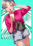  1girl :o aqua_background bag black_nails brown_eyes commentary cup denim denim_shorts drinking_straw earrings grey_hair half-closed_eyes hand_in_hair highres holding holding_cup jewelry kate_iwana leaf leaf_background lipstick makeup nail_polish original outline red_shirt shirt short_hair short_shorts shorts shoulder_bag solo 