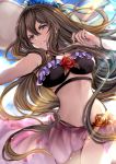 1girl bangle bangs bare_shoulders bikini black_bikini blue_eyes blue_sky bracelet breasts brown_hair cleavage cloud cowboy_shot day floating_hair flower gold granblue_fantasy hair_between_eyes hair_flower hair_ornament hat hat_flower hinahino jewelry large_breasts long_hair looking_at_viewer outdoors parted_lips red_flower red_rose rose rosetta_(granblue_fantasy) sarong sidelocks sky smile solo sun_hat swimsuit very_long_hair wind 