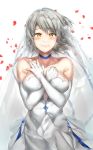  1girl absurdres bangs bare_shoulders blush breasts bridal_veil bride cheosnuni cleavage closed_mouth collarbone dress elbow_gloves eyebrows_visible_through_hair girls_frontline gloves grey_hair highres looking_at_viewer medium_breasts short_hair smile solo vector_(girls_frontline) veil wedding_dress yellow_eyes 