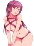  1girl bikini black_bikini blush breasts cleavage collarbone deyuuku green_eyes hair_ornament hair_scrunchie large_breasts leaning_forward long_hair love_live! love_live!_school_idol_project navel open_mouth pink_scrunchie purple_hair scrunchie simple_background solo swimsuit toujou_nozomi twintails white_background 