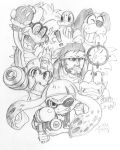  ! aiming aiming_at_viewer arm_cannon artist_signature beak black_and_white bob-omb claws crazy_eyes dog duck duck_hunt duck_hunt_dog duck_hunt_duck eyebrows facial_hair glasses hair headband helmet holding holding_weapon iggy_koopa inkling inkling_girl koaraymt konami koopaling larry_koopa mario_(series) mega_man metal_gear_(series) nintendo open_mouth paws pointing_weapon reticle robot rockman rockman_(character) rockman_(classic) sharp_teeth sketch smile solid_snake splatoon splatoon_(series) super_mario_bros. super_smash_bros. tall_hair teeth tentacles tongue tooth 