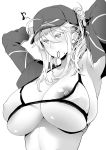  1girl ahoge armpits arms_behind_head arms_up artoria_pendragon_(all) bangs baseball_cap bikini blush breasts cleavage closed_mouth collarbone cropped_jacket fate/grand_order fate_(series) greyscale hair_between_eyes hair_through_headwear hat large_breasts long_hair long_sleeves looking_at_viewer monochrome mouth_hold mysterious_heroine_xx_(foreigner) nipple_slip nipples open_clothes ponytail shrug_(clothing) sidelocks simple_background smile soba_(saz) solo swimsuit tying_hair white_background zipper_pull_tab 