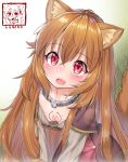  1girl absurdres animal_ears blush breasts brown_hair chest_tattoo cleavage downblouse highres long_hair long_sleeves monster_girl purple_eyes raccoon_ears raccoon_tail raphtalia ribbed_sweater small_breasts smile solo sweater tail tate_no_yuusha_no_nariagari tattoo 